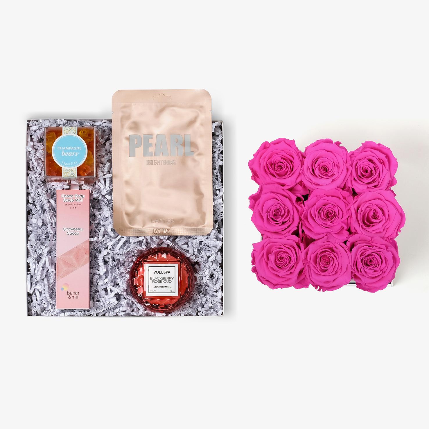 Pamper Bundle - Medium Square Box - Hot Pink Rose - Black Box