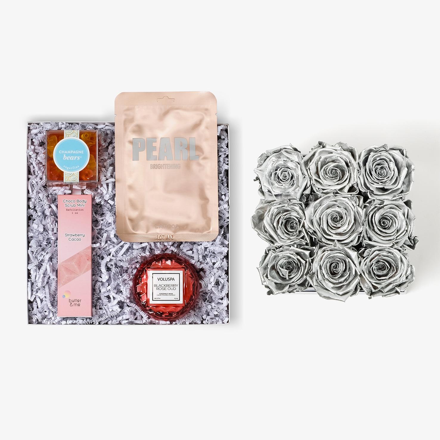 Pamper Bundle - Medium Square Box - Silver Rose - White Box