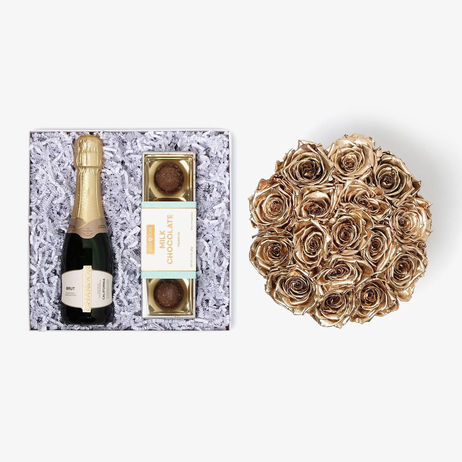 Champagne & Truffles - Large Bloom Box - Gold Rose - Black Box