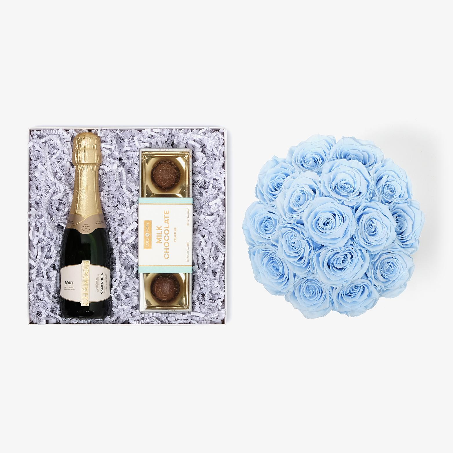 Champagne & Truffles - Large Bloom Box - Baby Blue Rose - Black Box