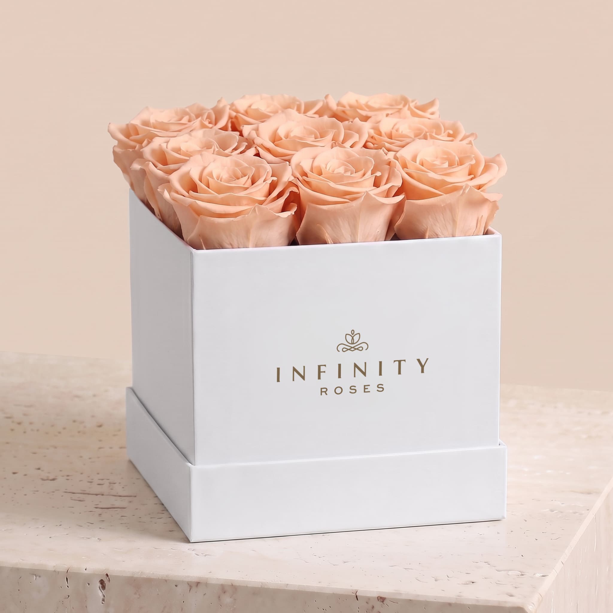 Medium Square Rose Box - Peach Rose - White Box