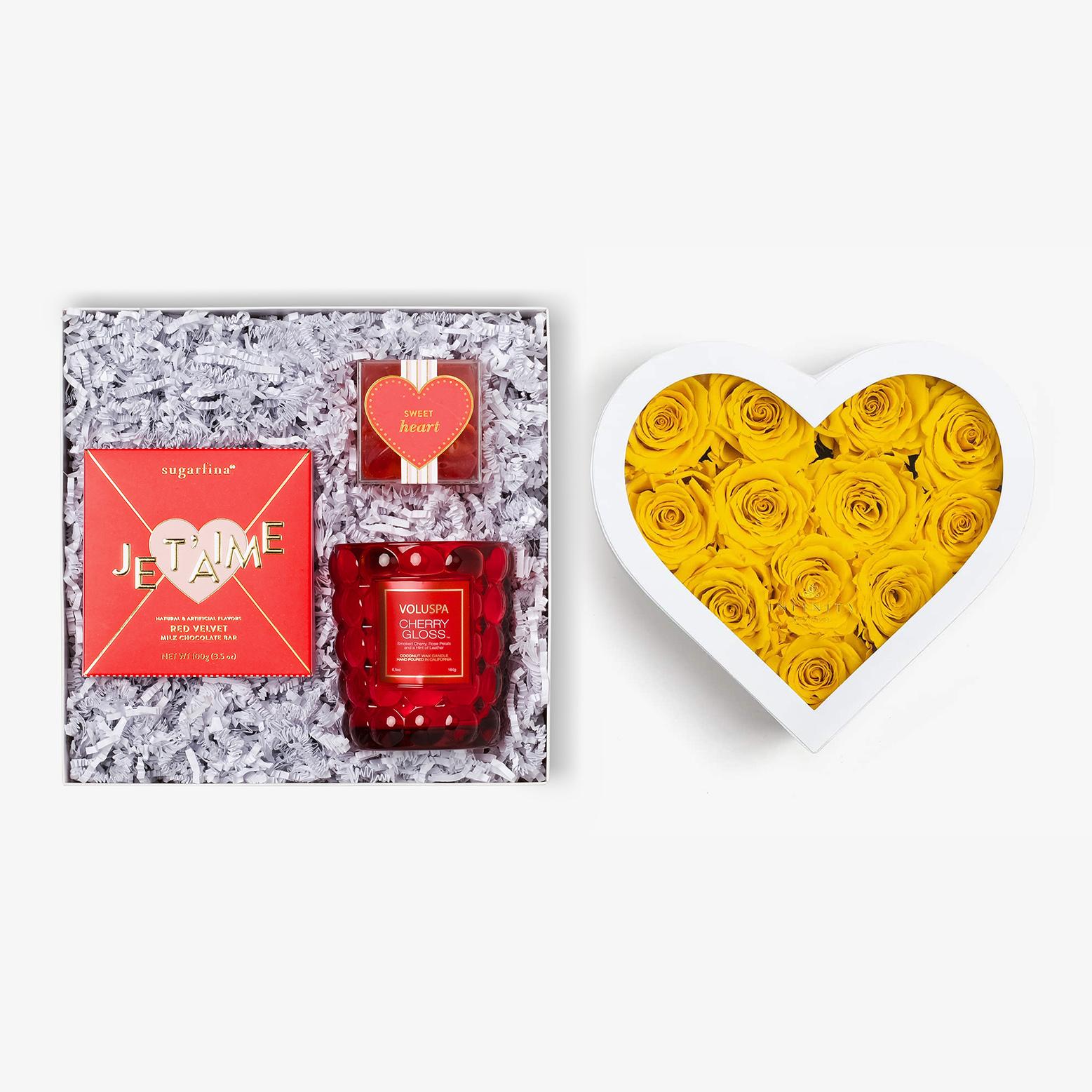 Candle & Treats - Medium Heart Box - Yellow Rose - White Box