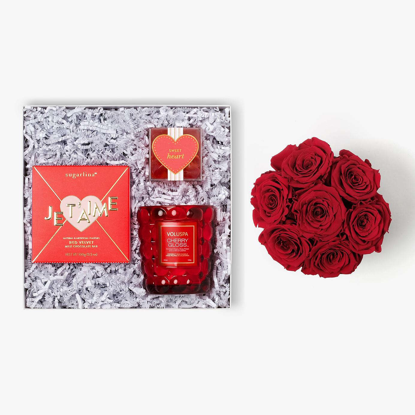 Candle & Treats - Medium Bloom Box - Red Rose - White Box