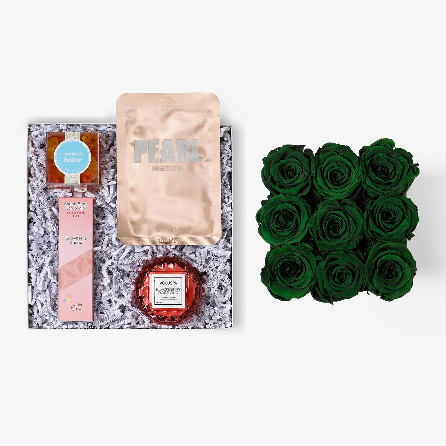 Pamper Bundle - Medium Square Box - Emerald Green Rose - Black Box