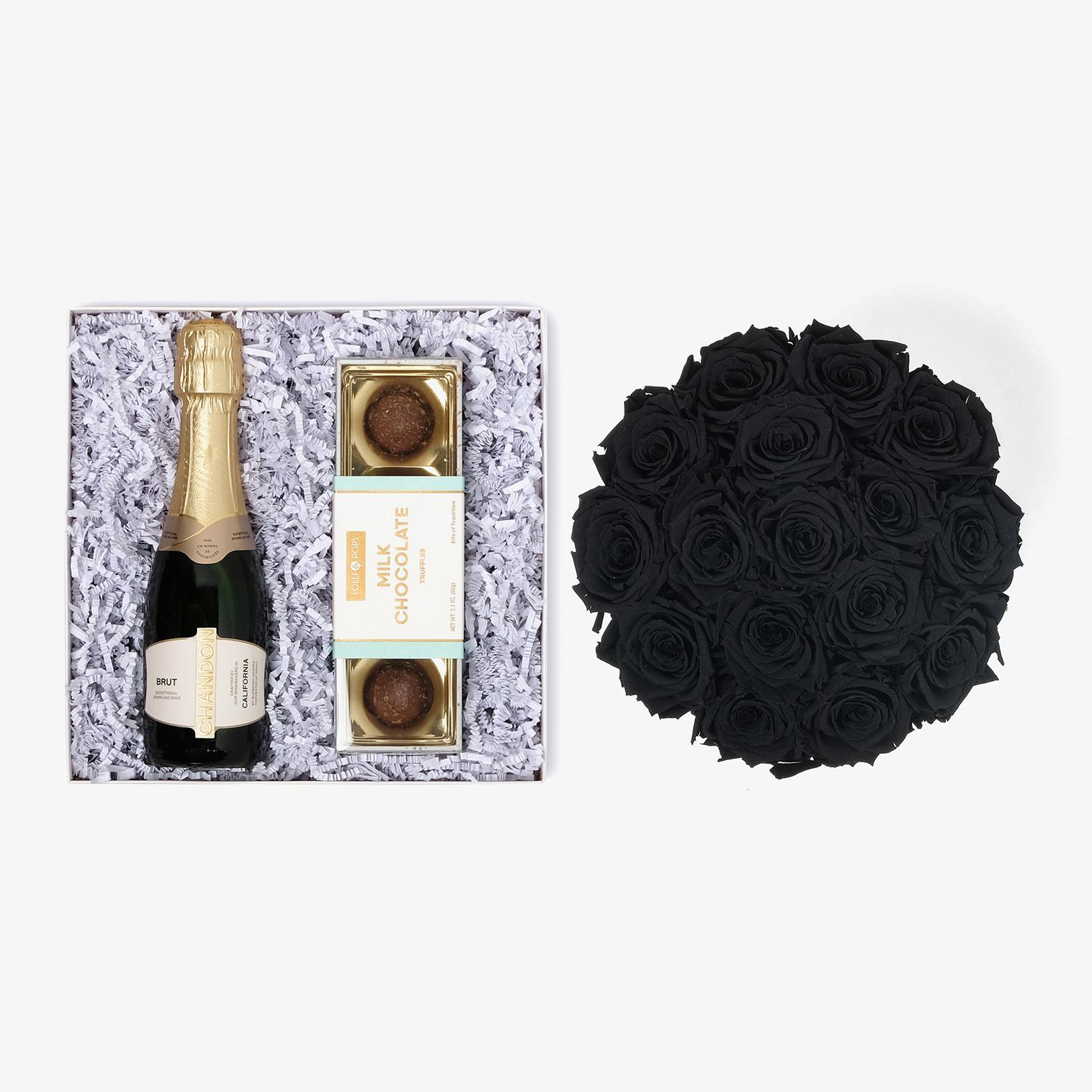Champagne & Truffles - Large Bloom Box - Black Rose - White Box