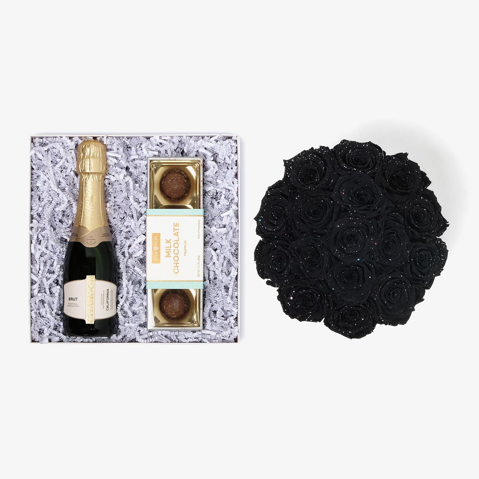 Champagne & Truffles - Large Bloom Box - Black Galaxy Rose - White Box