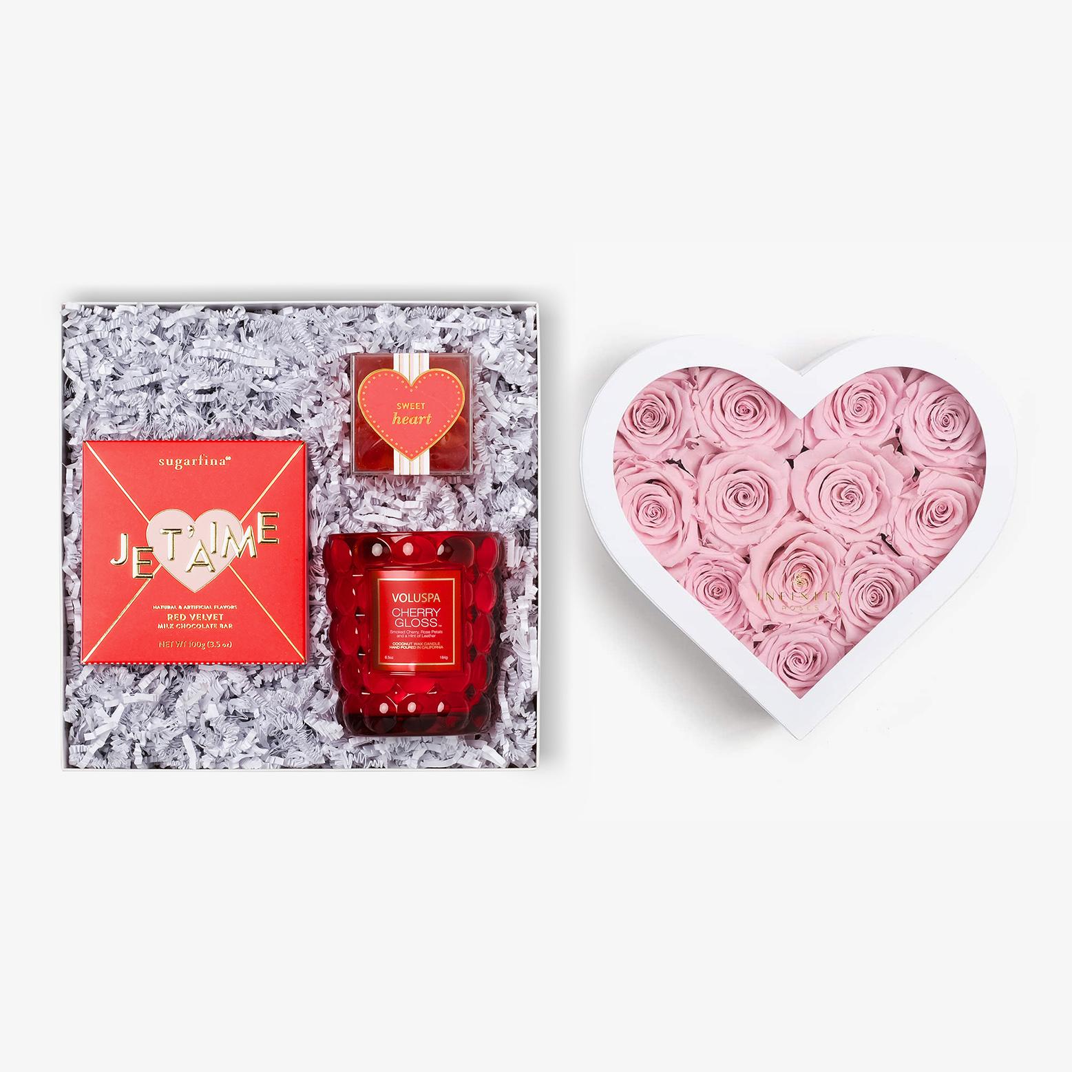 Candle & Treats - Medium Heart Box - Pink Rose - White Box