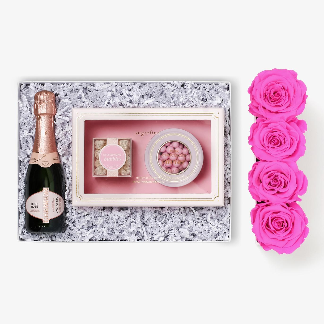 Rosé & Caviar - Small Rose Box - Hot Pink Rose - Black Box