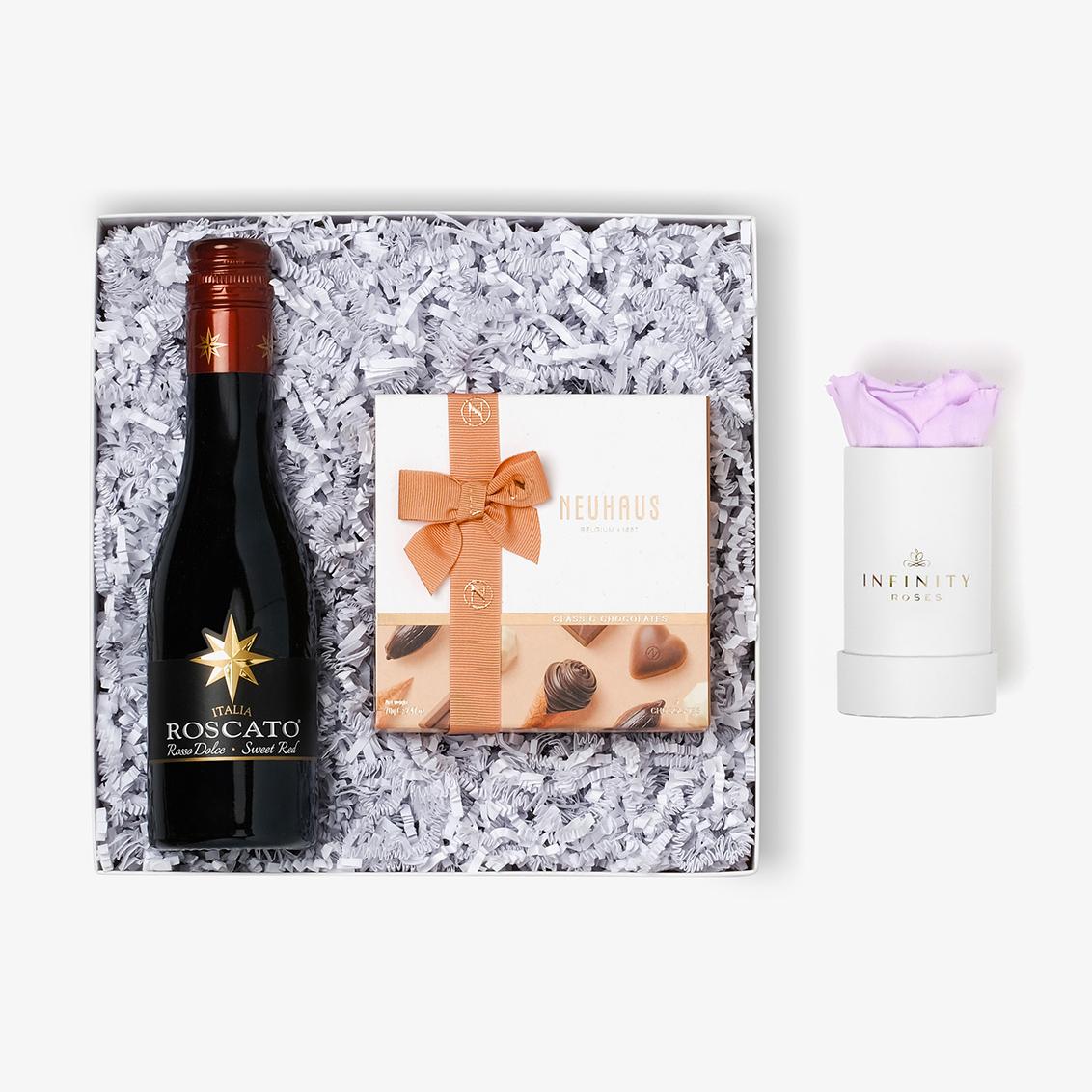 Wine & Truffles - Single Rose Box - Lavender Rose - White Box