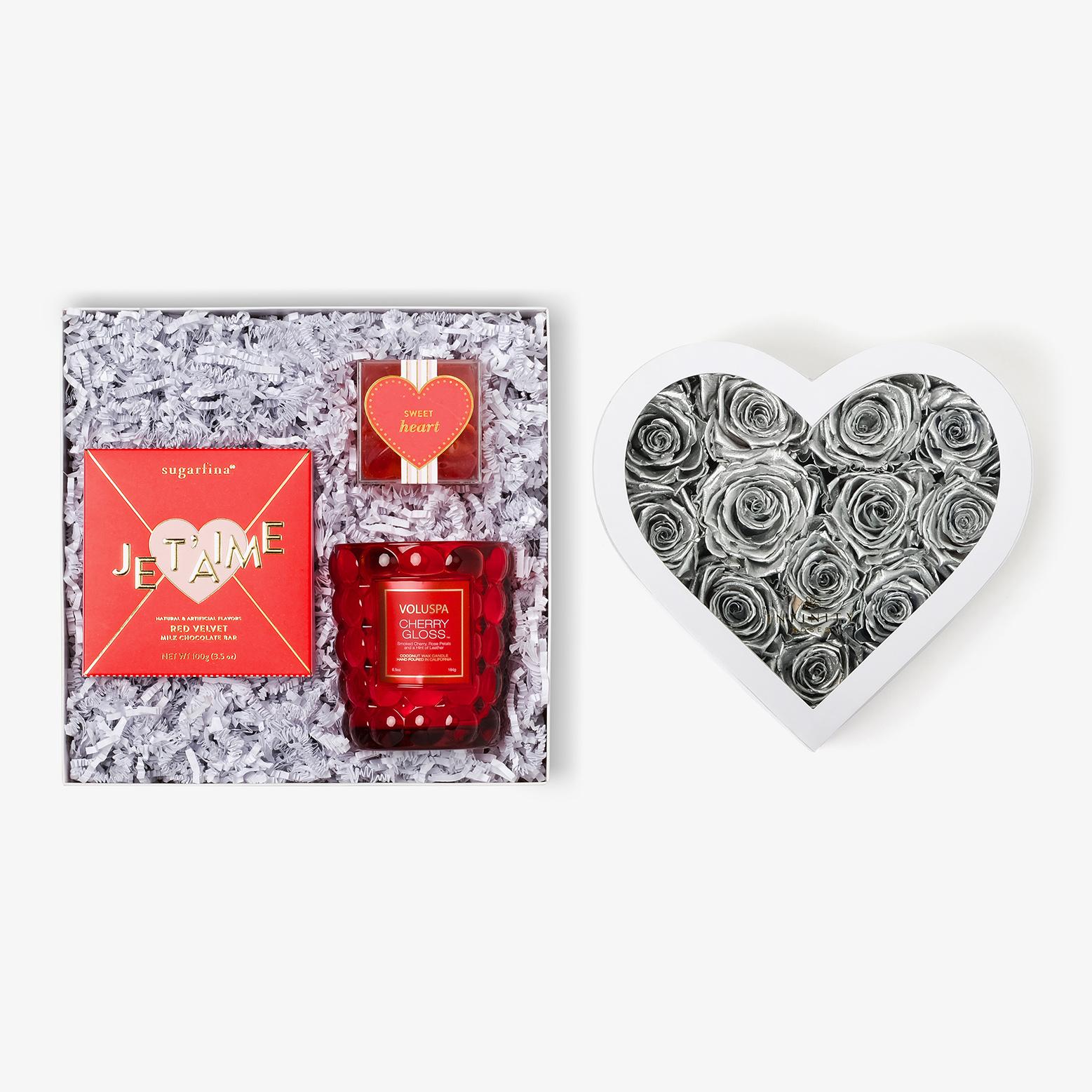 Candle & Treats - Medium Heart Box - Silver Rose - White Box