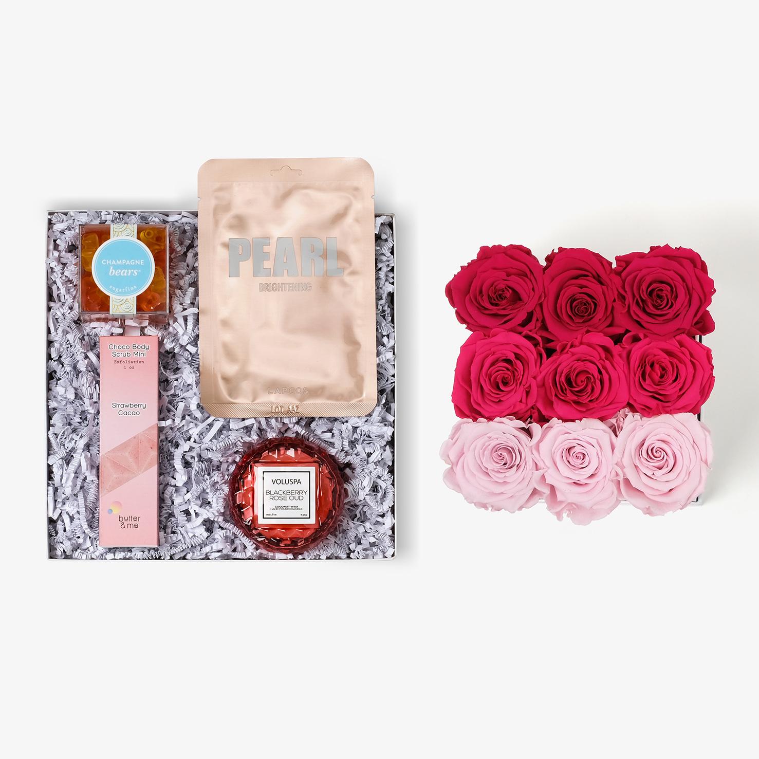 Pamper Bundle - Medium Square Box - Pink Ombre Rose - White Box
