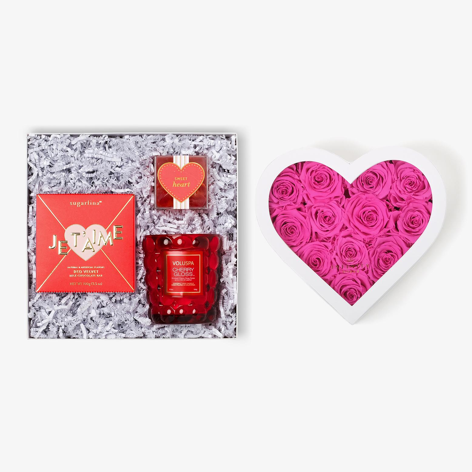 Candle & Treats - Medium Heart Box - Hot Pink Rose - White Box
