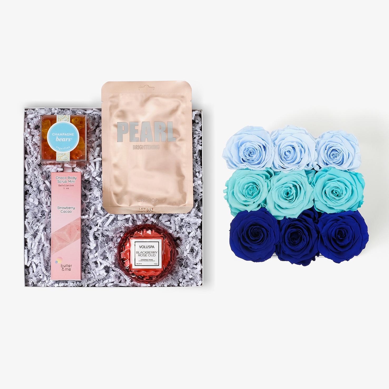Pamper Bundle - Medium Square Box - Blue Ombre Rose - Black Box
